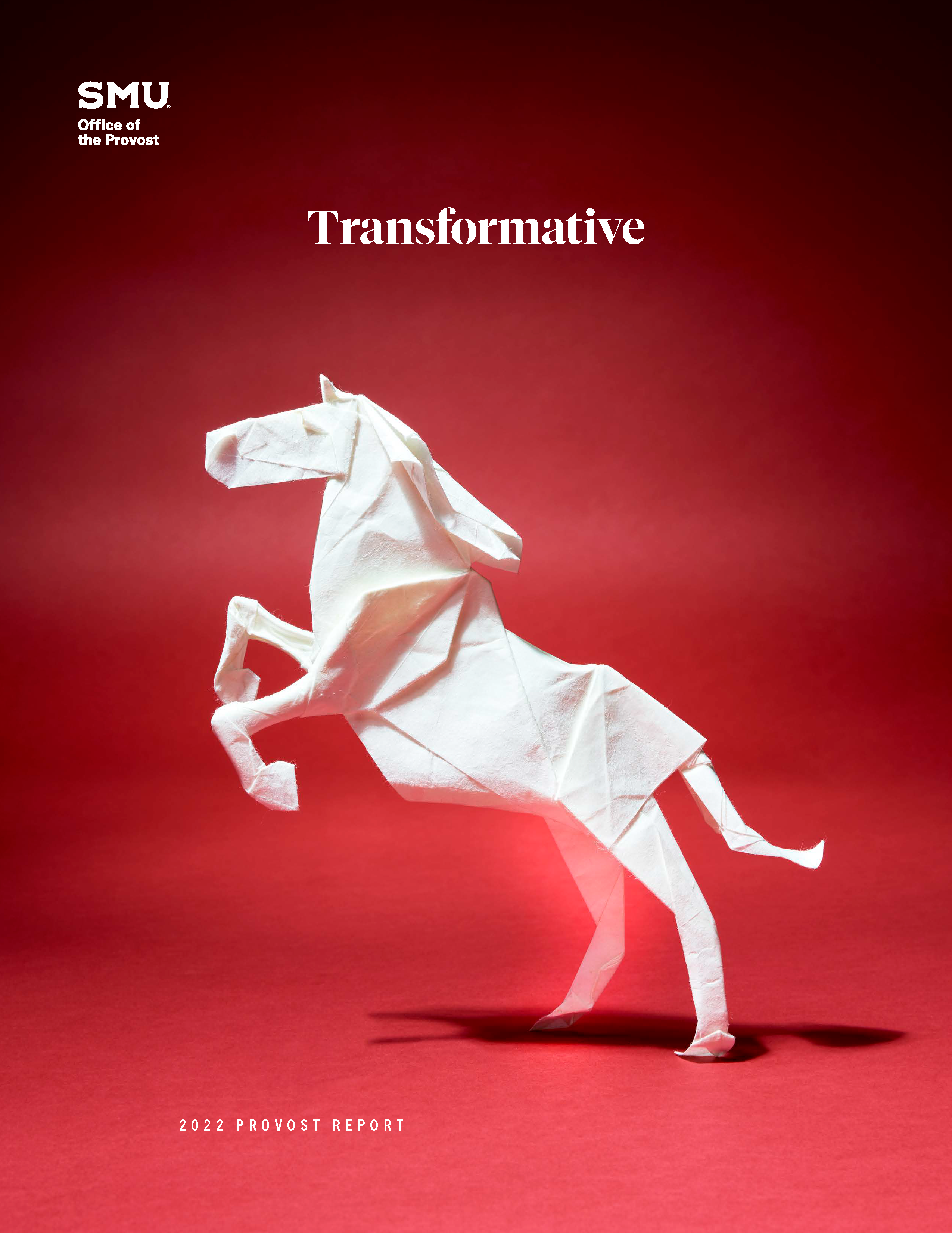 Cover of 2022 Annual Report with a white origami pony on a red background and the title Transformative.