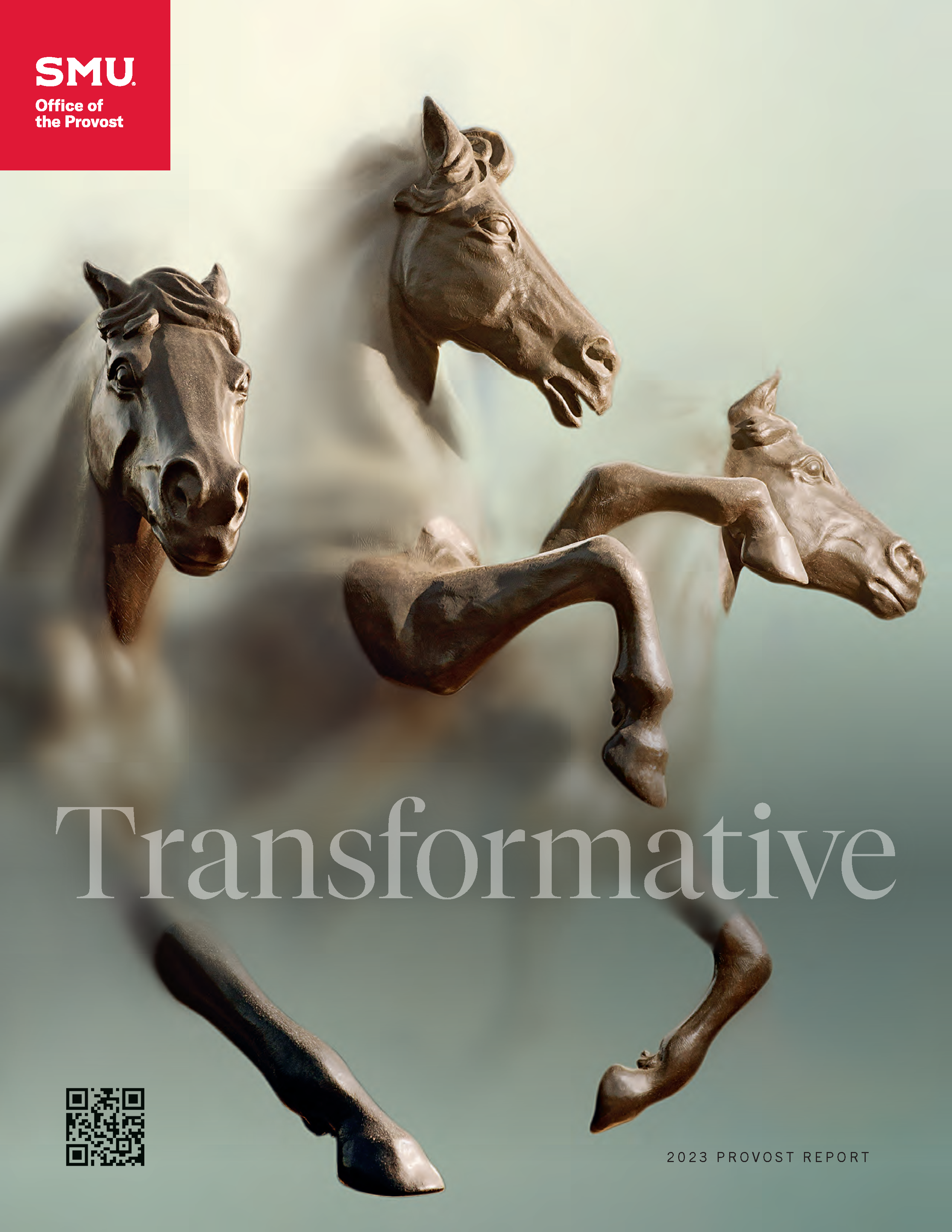 Cover of 2023 Annual Report with a three bronze mustangs charging out of the mist and the title Transformative.