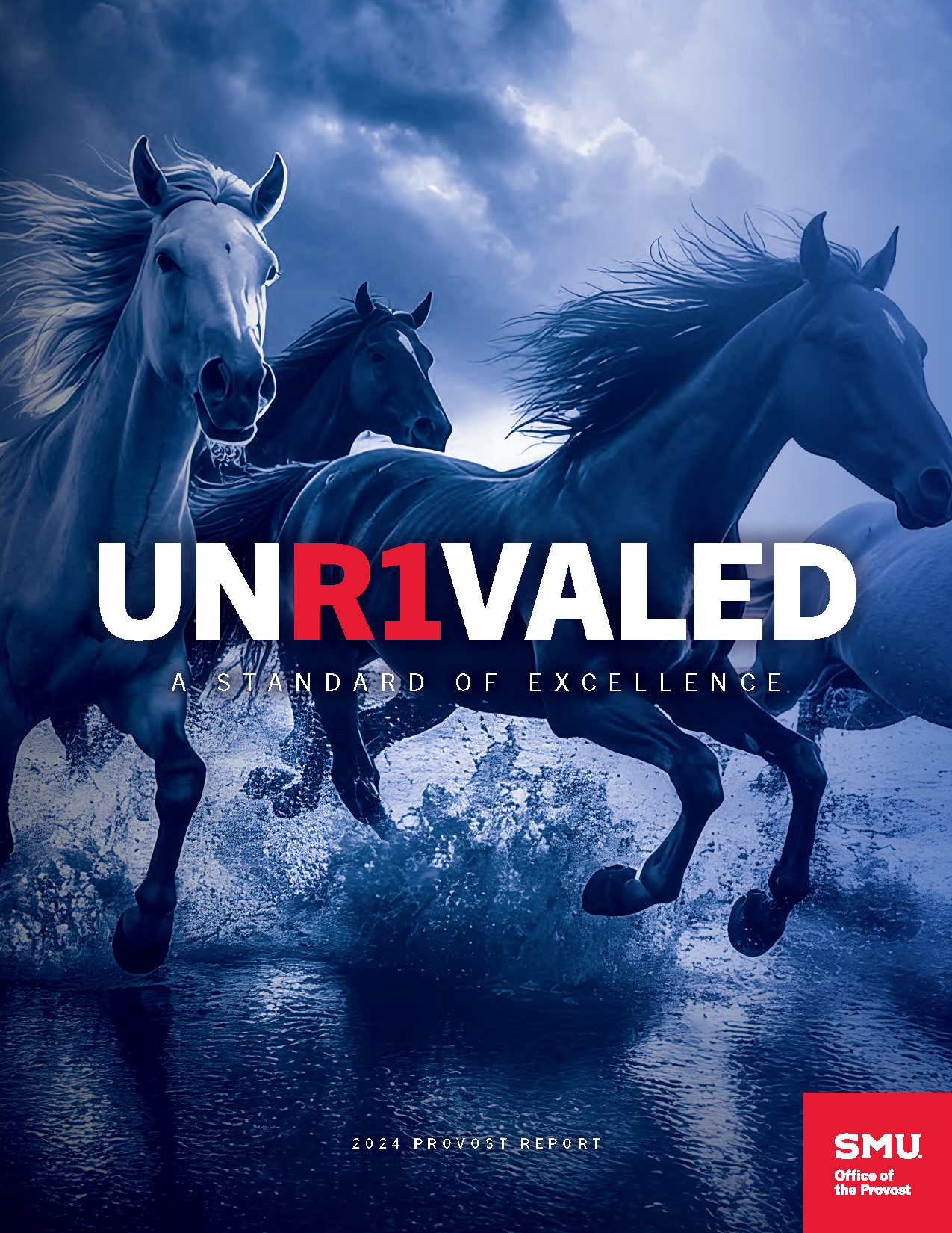 Horses charging on water in shades of blue with the word unrivaled titled through the middle