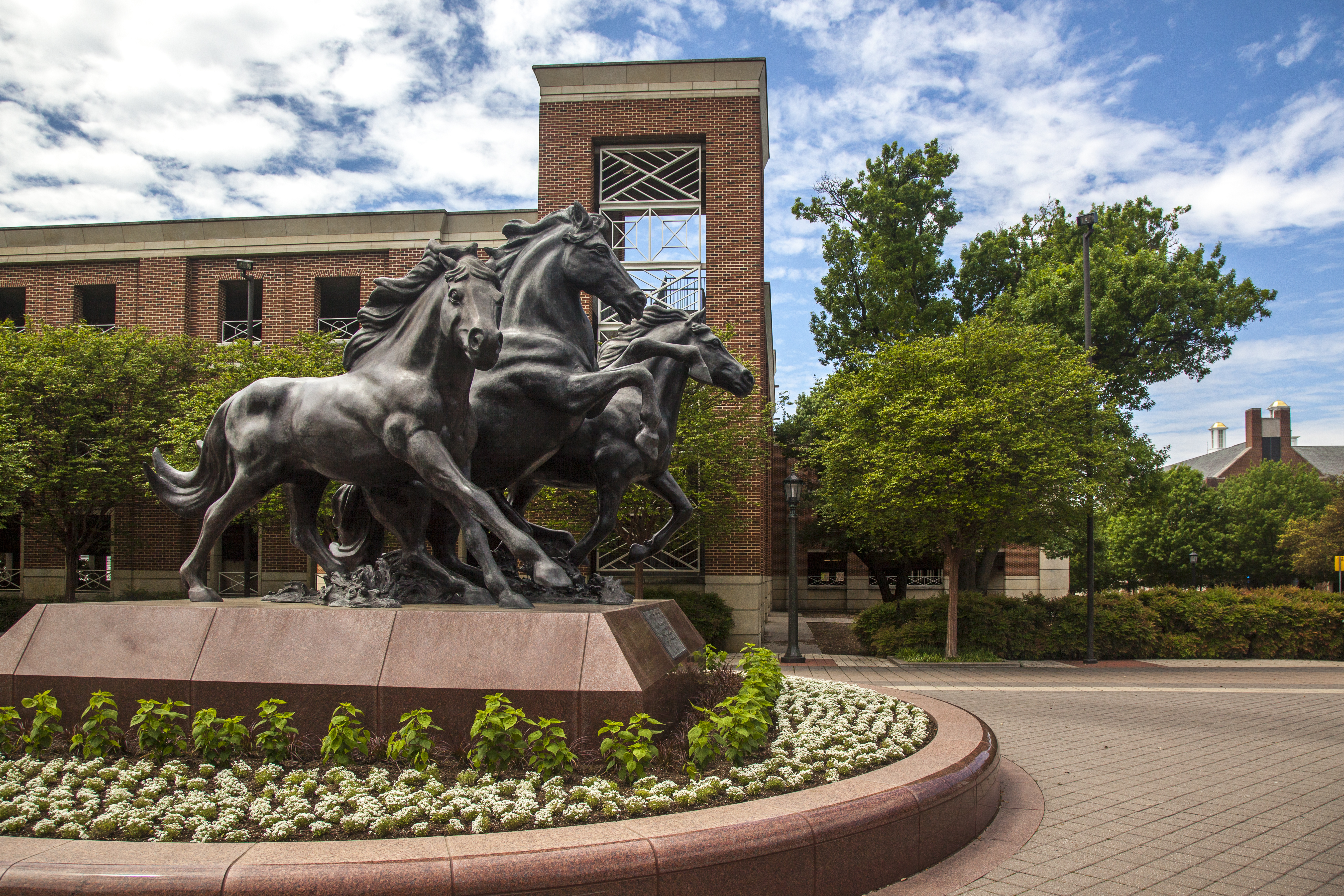 Outdoor sculpture of charging mustangs