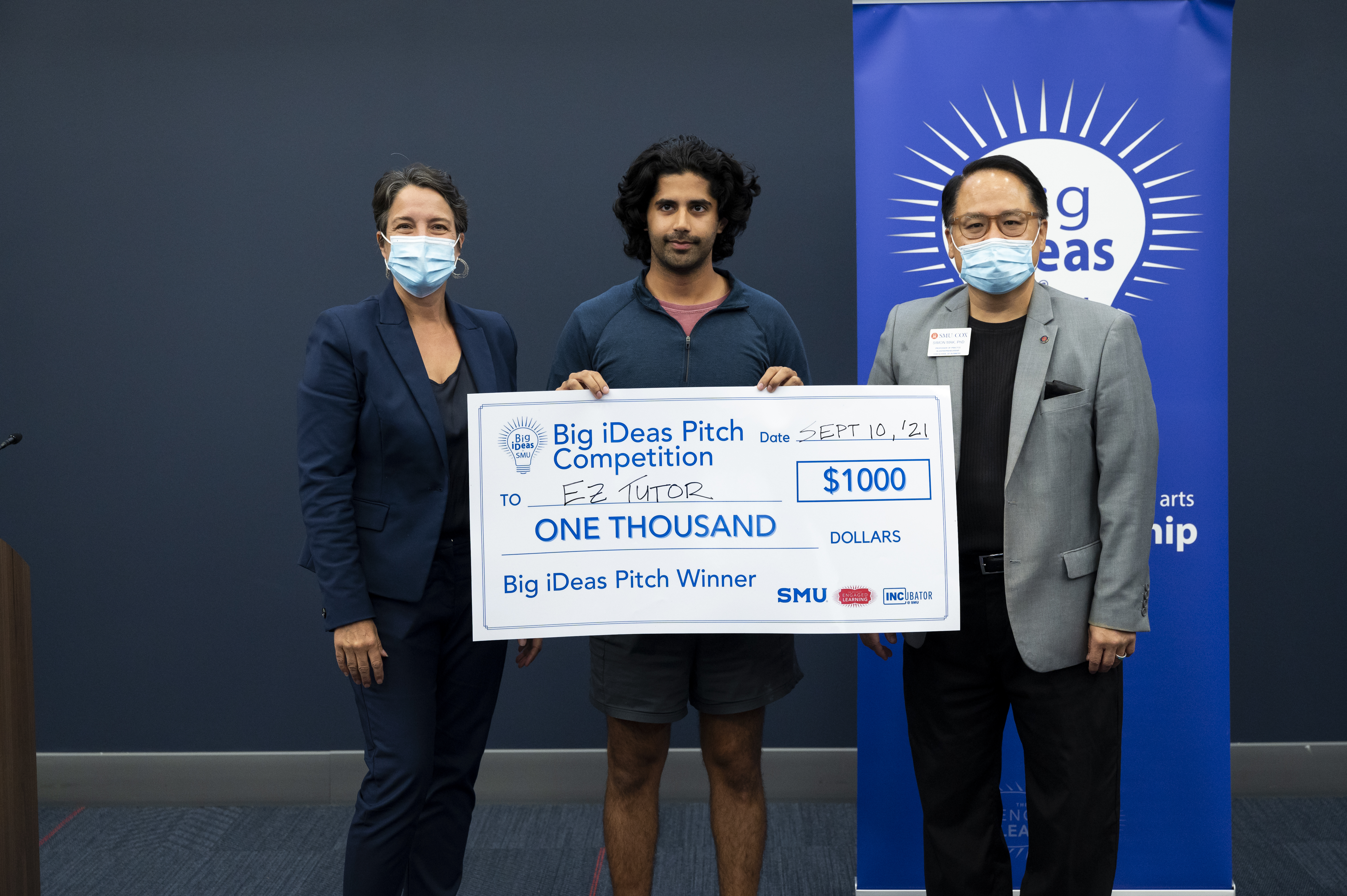 Photo of EZ Tutor founder Aryan Bhatnagar with Jen Ebinger and Simon Mak