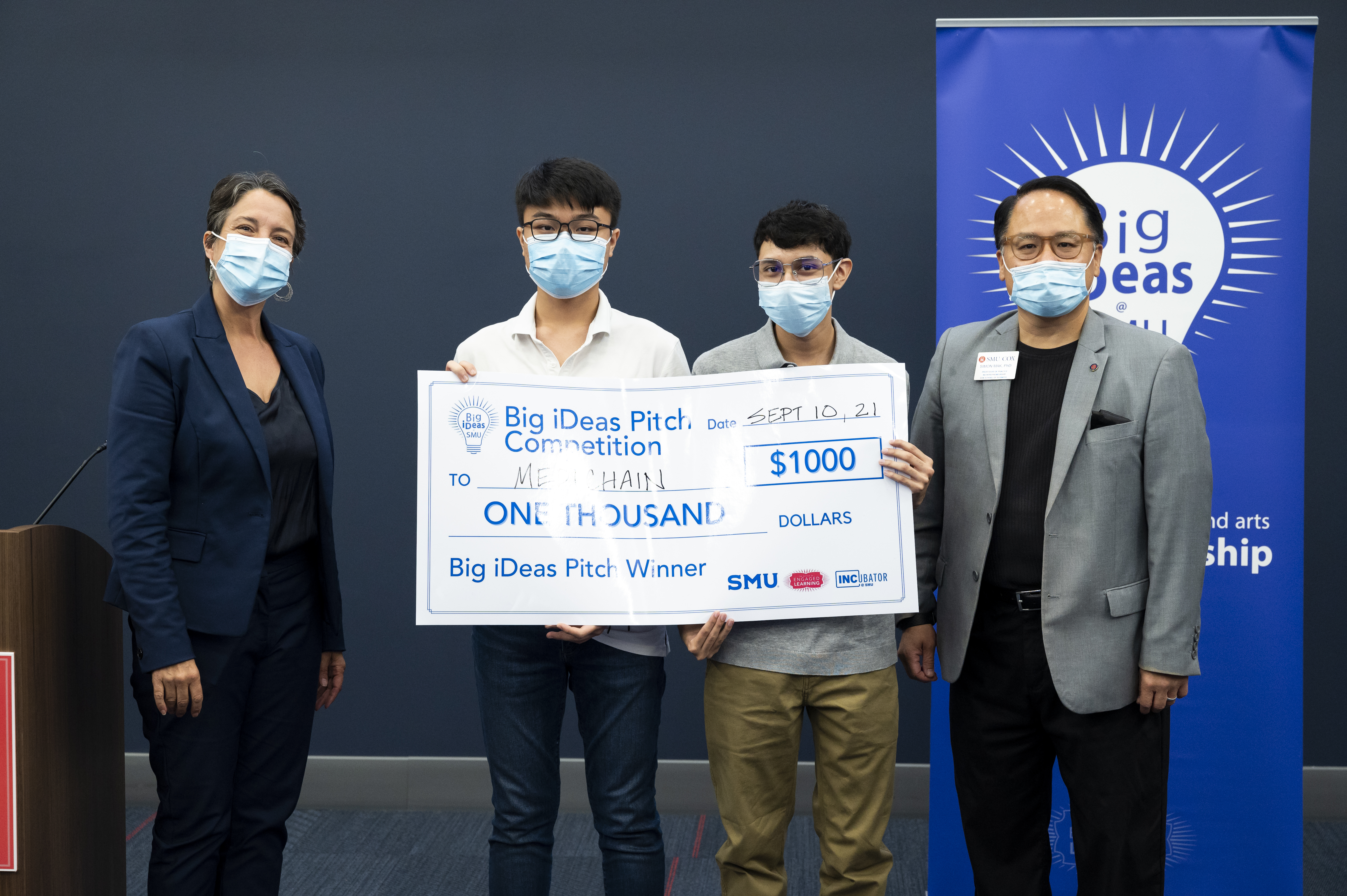 Medichain founders Eric Vu and Alex Cerpa with Jennifer Ebinger and Simon Mak