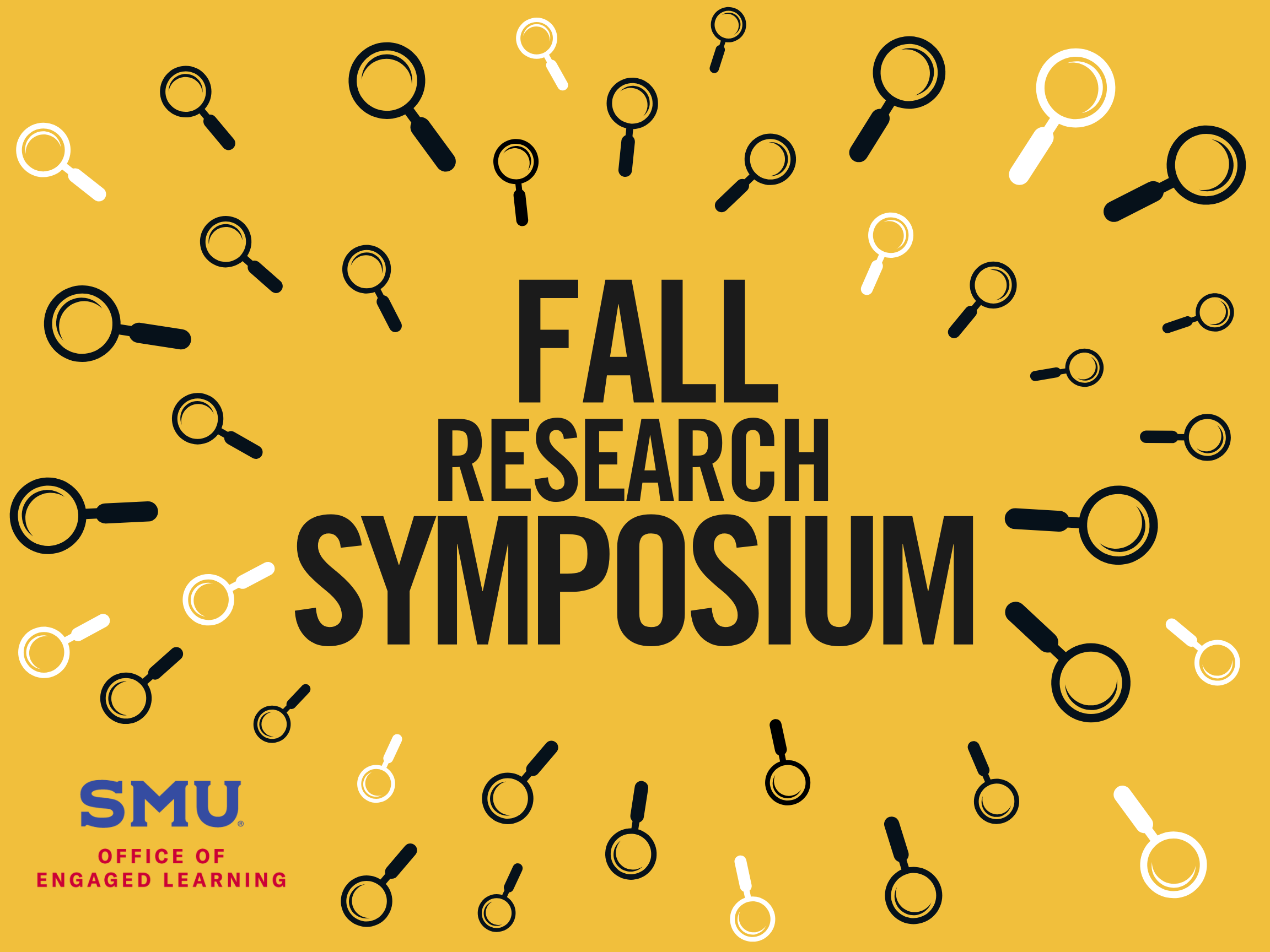 SMU Fall Research Symposium marketing image with explosion of magnifying glasses