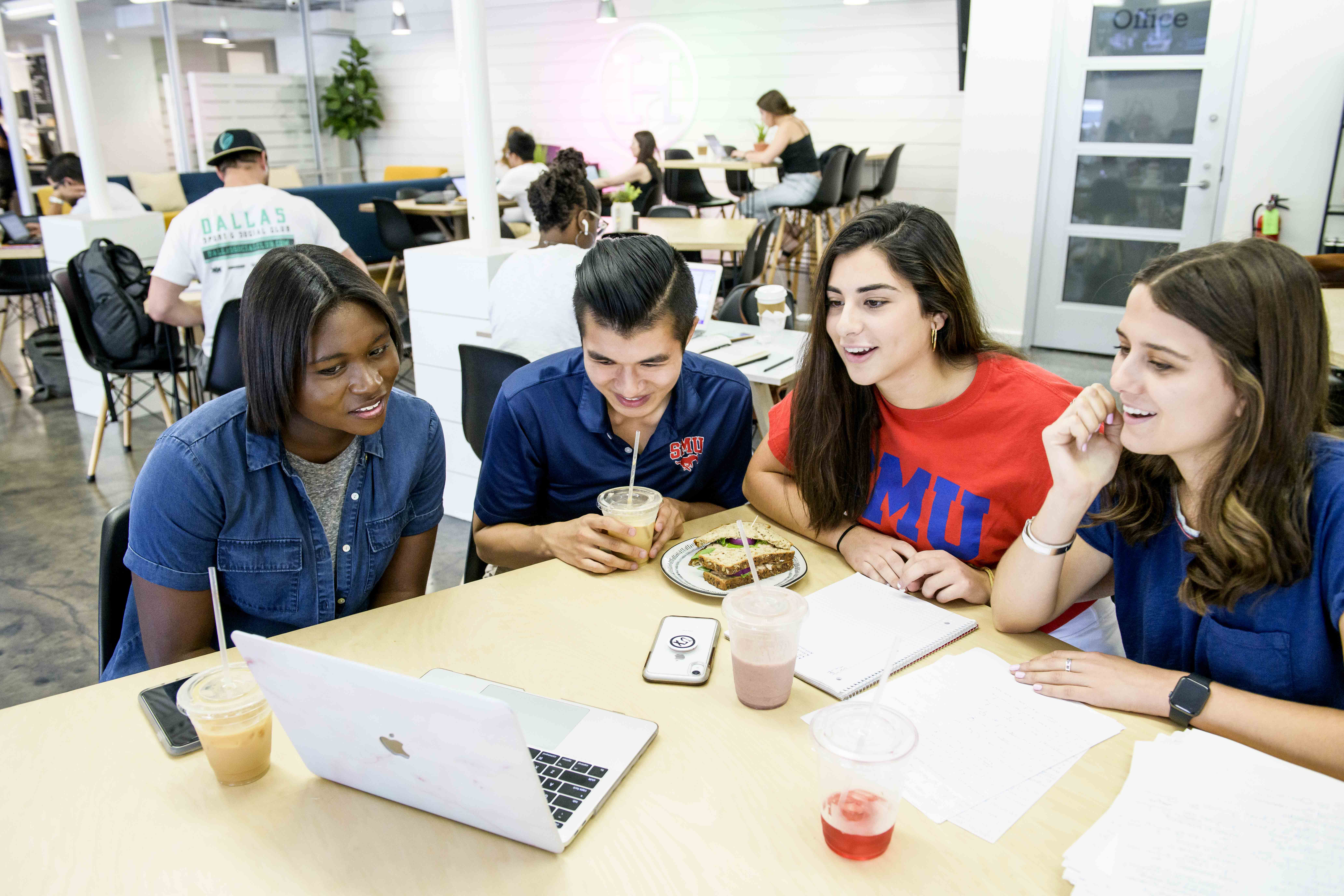 Four students studying are focused on the screen of a laptop