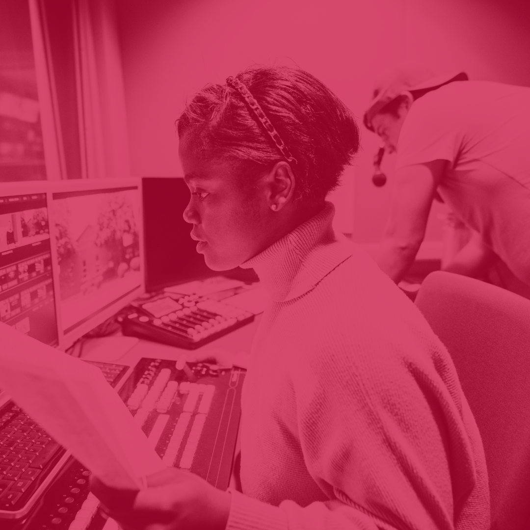 Photo of Journalism students working in broadcast studio