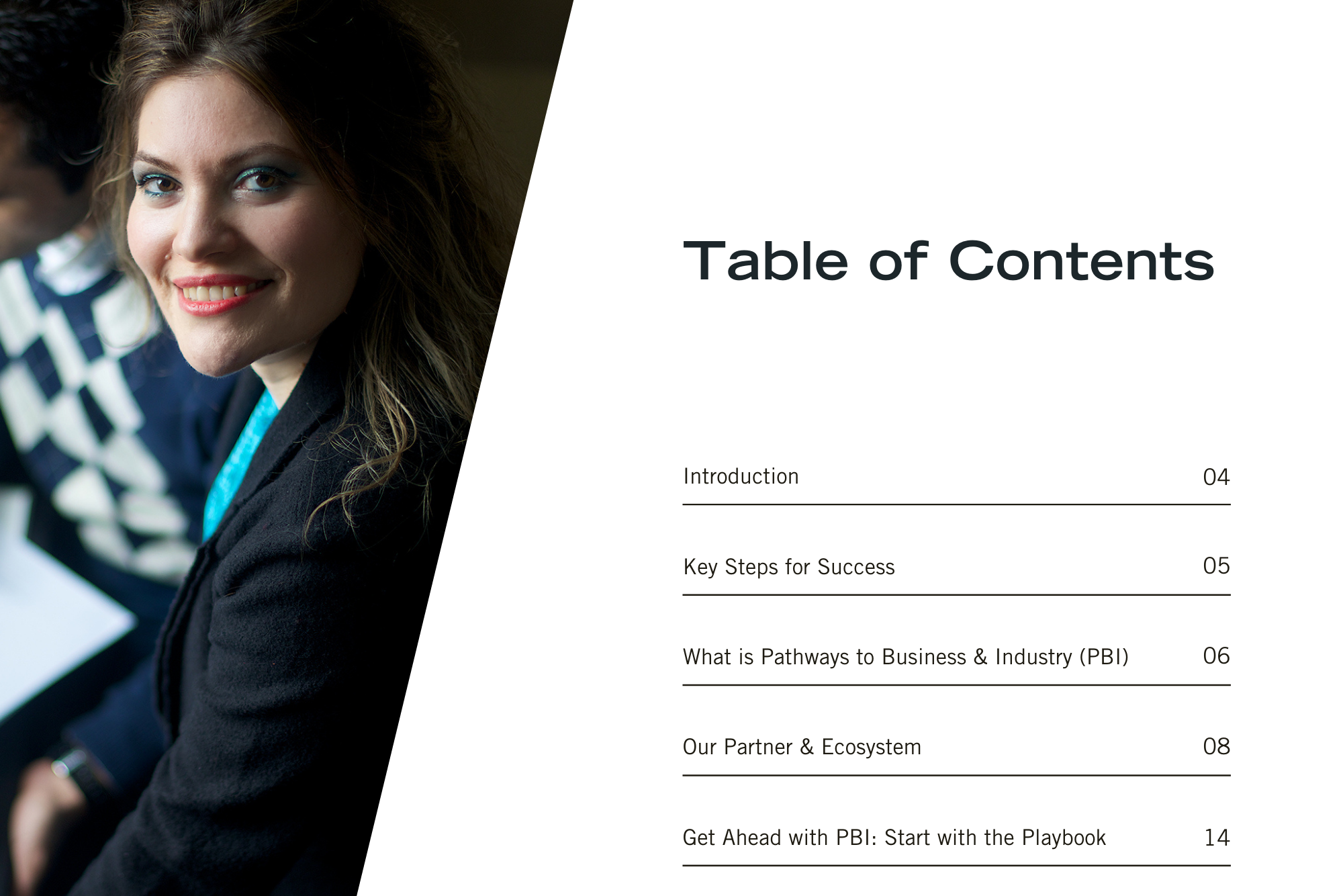 Pathways to Business Playbook, screenshot of table of contents page