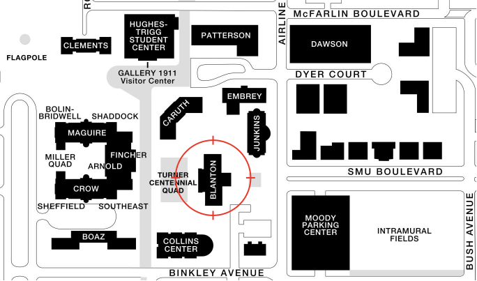 Map of campus highlighting the Laura Lee Blanton Building.