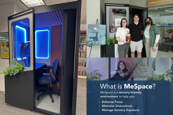 Collage of pictures of MeSpace study rooms on SMU campus