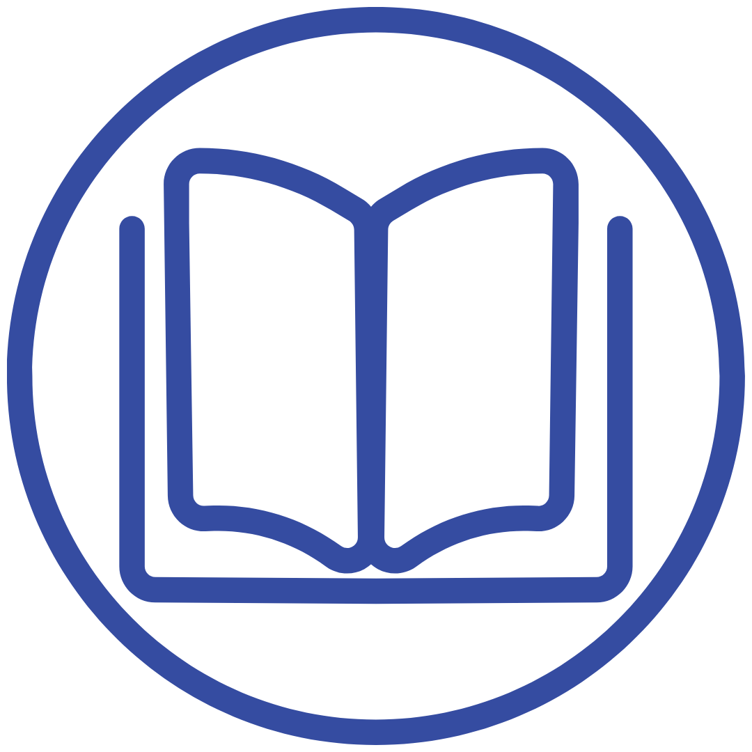 Blue icon of a circle surrounding an open book