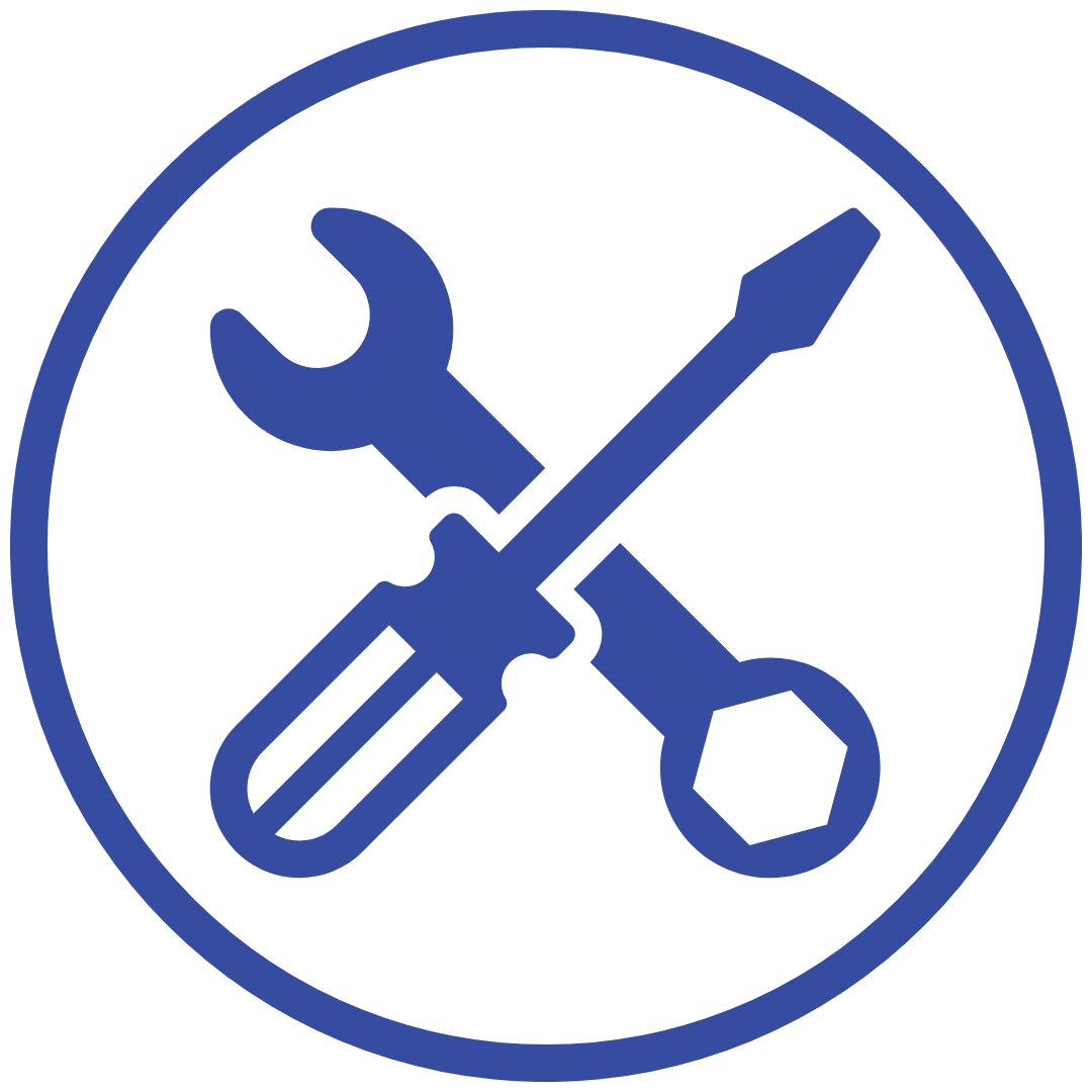 Blue icon of a circle surrounding a set of crossed tools