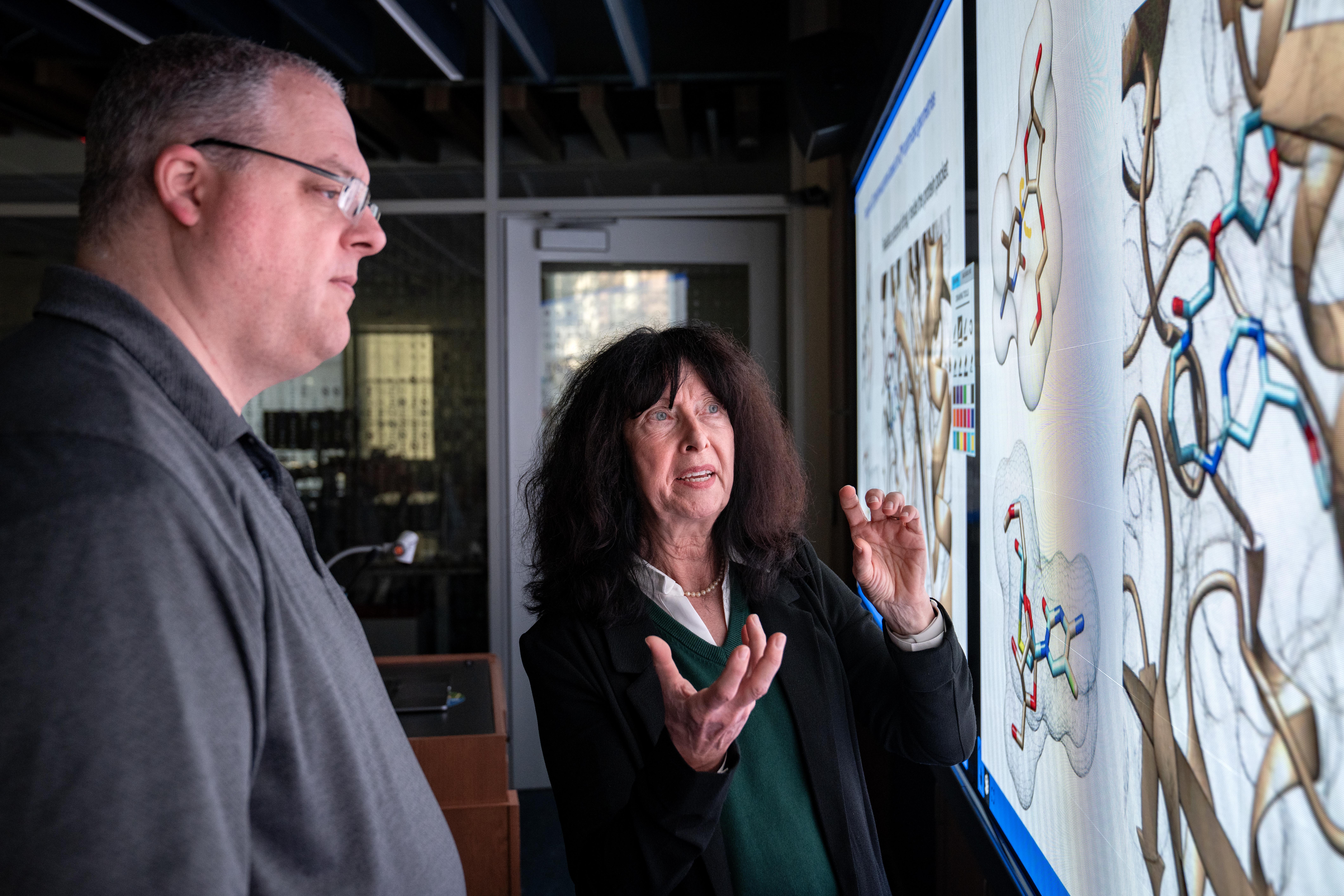 2 researchers at a screen