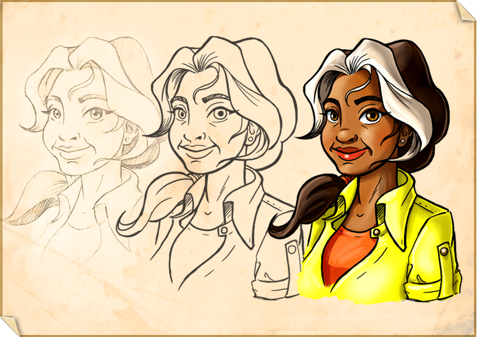 Portrait of the female main character, from sketch to final look
