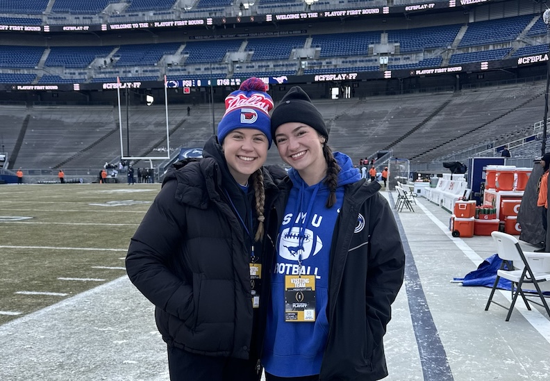 Devon Luke (pictured at right) is an SMU Football athletic trainer and a student in the Applied Physiology and Health Management program.