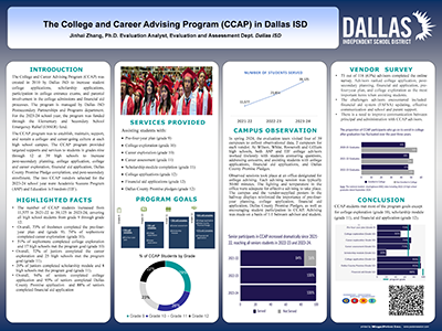 Consortium on Education Research and Improvement (CERI) 2024 Conference Poster titled: The College and Career Advising Program (CCAP) in Dallas ISD. Jinhai Zhang.