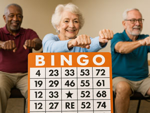AI generated image of seniors participating in a Bingocize session, an evidence-based health promotion program.