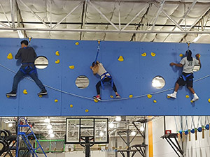 A diverse group of people engaged in climbing on an indoor gym wall, highlighting an active and supportive environment.