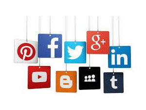 Graphic illustrating social media marketing services with icons representing various platforms and analytics.