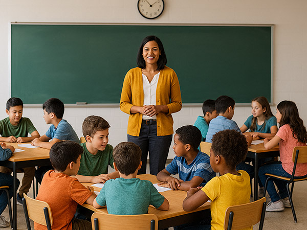 AI‑generated illustration of a mathematics classroom with group‑based learning, collaborative instruction, and a teacher guiding students.