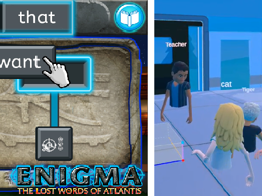 Screenshot of Enigma The Lost Words of Atlantis mobile literacy app and GeoGebra classroom mathematics-learning environment