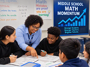 Educator working with middle school students on math activities at a table beneath a Middle School Math Momentum poste (AI-generated image).