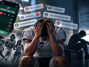College football player seated with head in hands surrounded by sports betting app screens, hostile social media messages, and imagery highlighting the mental health impacts of gambling-related online abuse (AI-generated image).