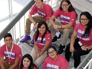 Highschool students sitting on stairwell