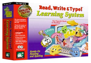 Box packaging for the Read Write Type learning system by Talking Fingers, Inc., focused on enhancing reading fluency in children.
