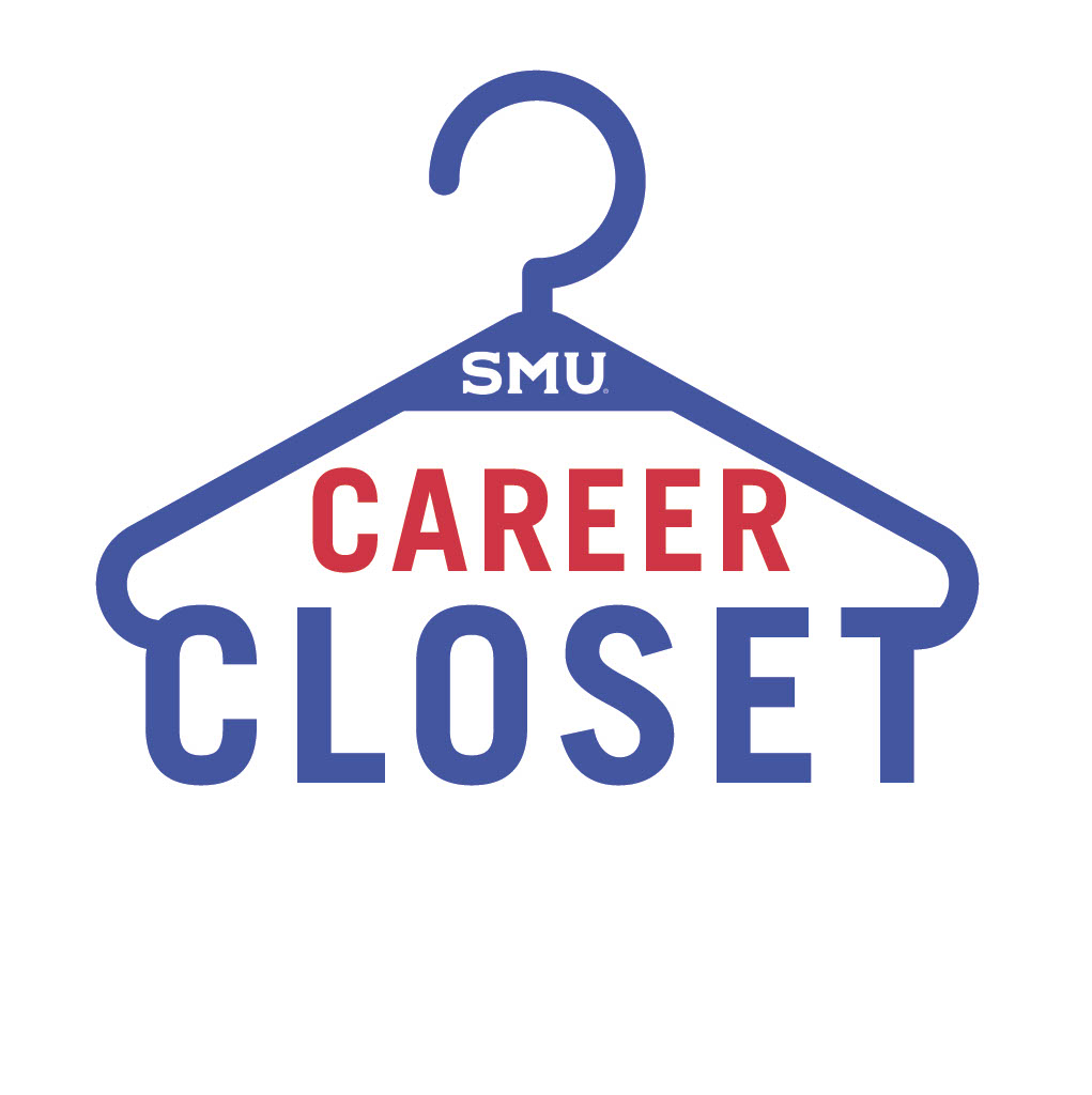 blue hanger graphic with white SMU logo, career word in red, closet word in blue
