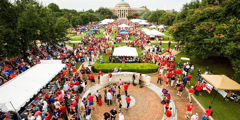 arial view of SMU Boulevard with white tents
