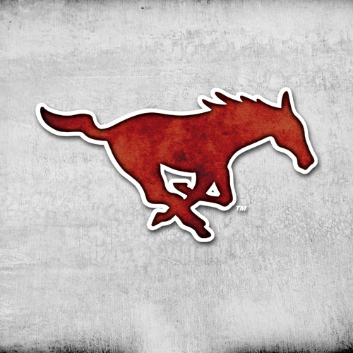 red mustang logo outlined in white on gray and white background