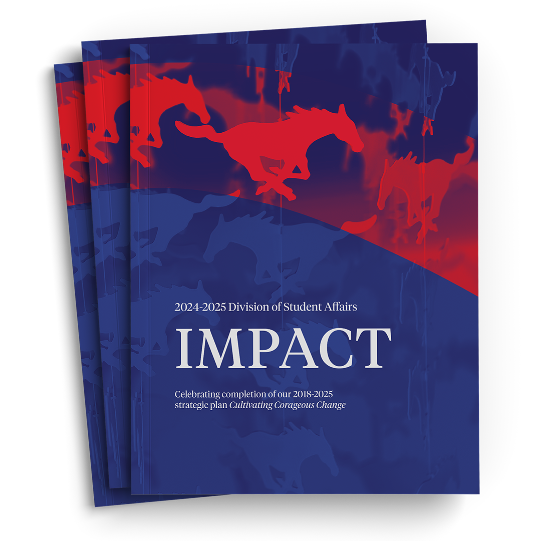2024-2025 Student Affairs Impact Cover, blue background with faded mustangs hanging, a red curved wide streak across the page with a red mustang, text in white