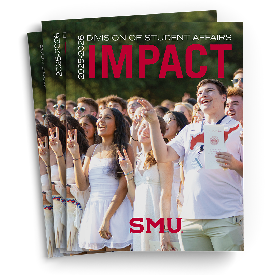 2025-2026 Student Affairs Impact Cover, students standing outside in white clothes looking up at camera for posed photo, IMPACT and SMU in red, Division of Student Affairs and 2025-2026 in white