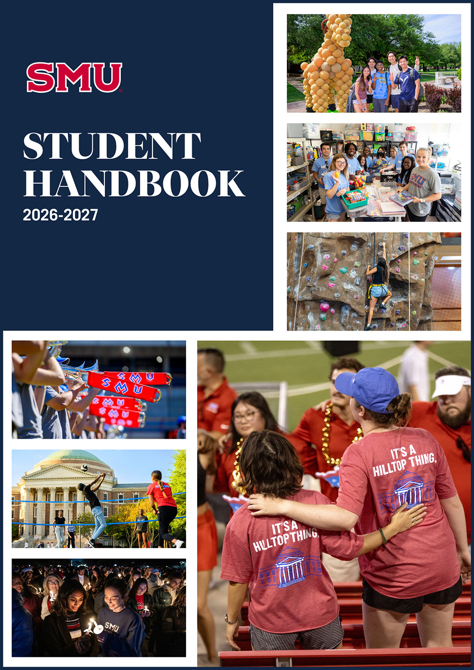 photos of students around campus, dark blue background, SMU logo in red, Student Handbook 2026-2027 in white