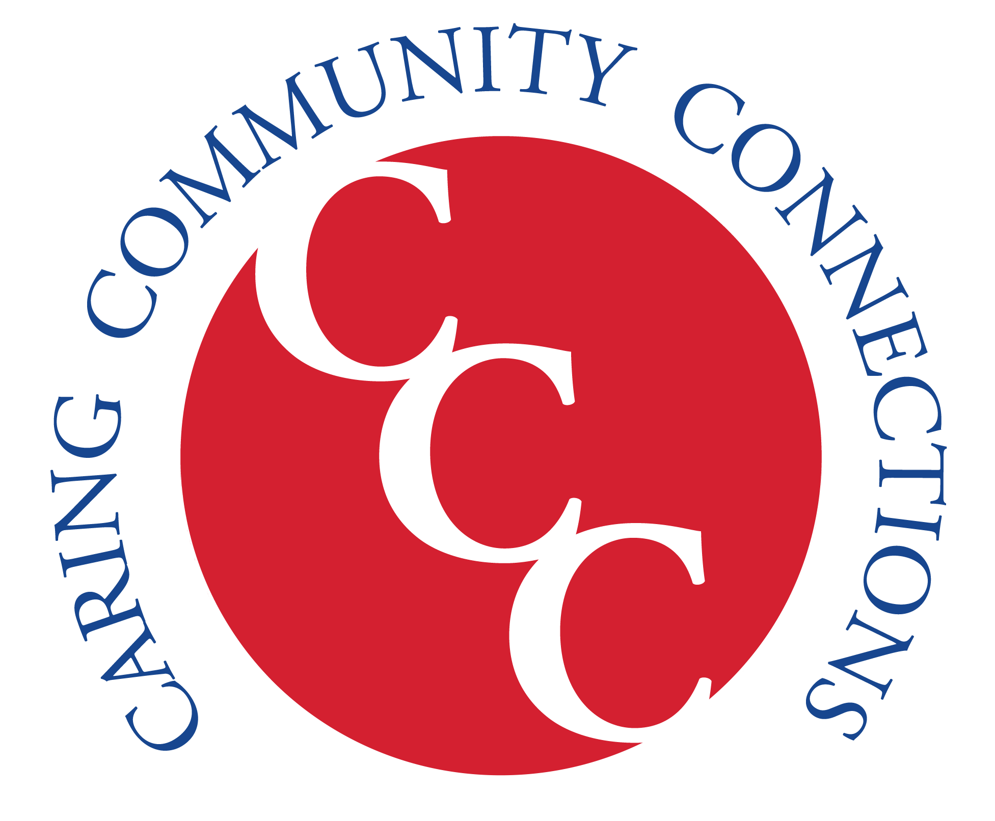 Red circle with white letters "CCC" running diagonally top left to bottom right with words "Caring Community Connections" in blue circling around the red circle.