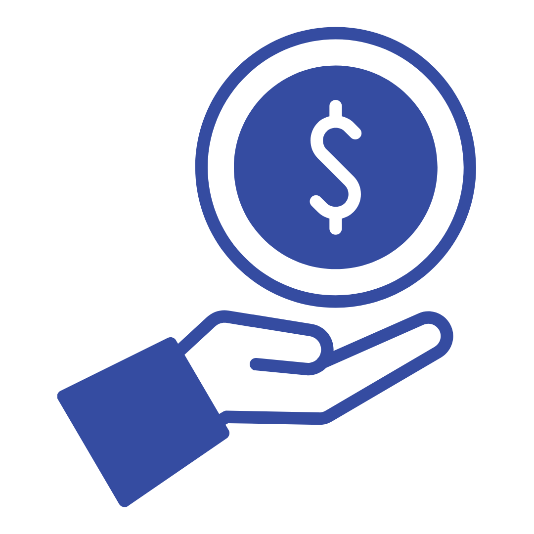 blue outline hand uplifting a blue outline money sign in a circle