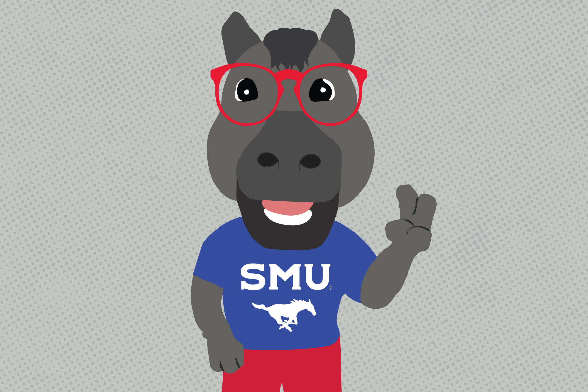 cartoon of Peruna in red glasses with blue shirt, white SMU and mustang logo on shirt, in front of gray dot background
