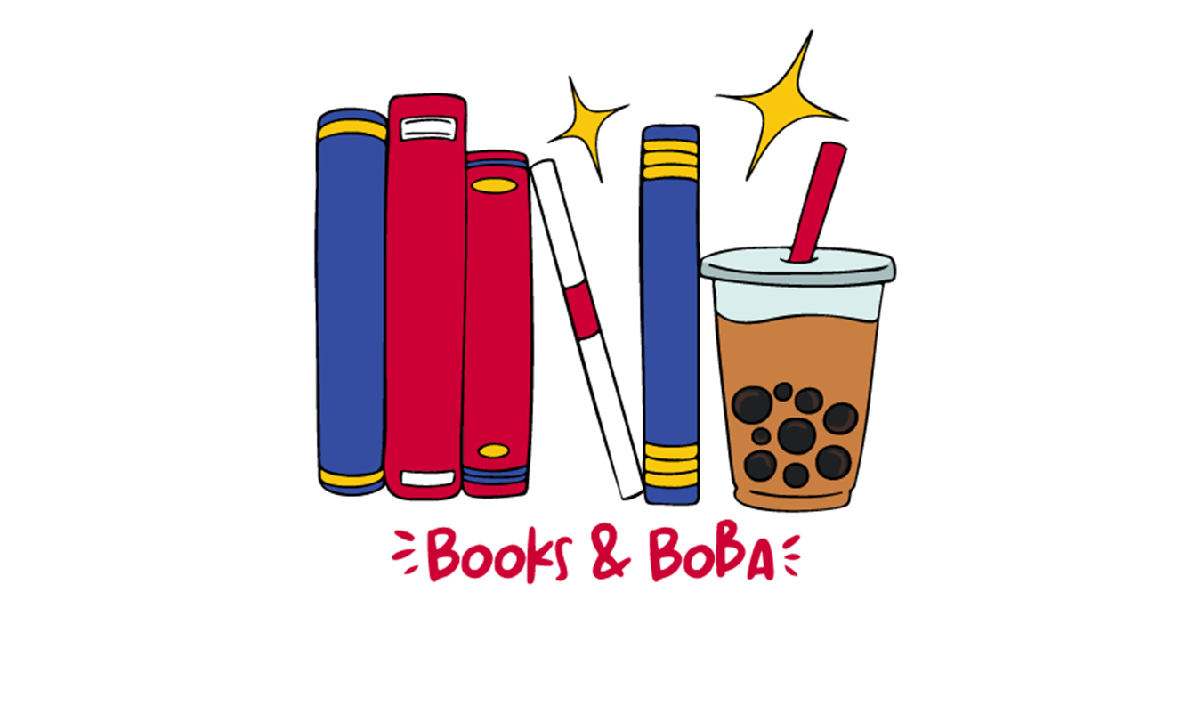 red, yellow, blue, and white books standing and leaning on each other with a drink beside them and Books and Boba in red text below