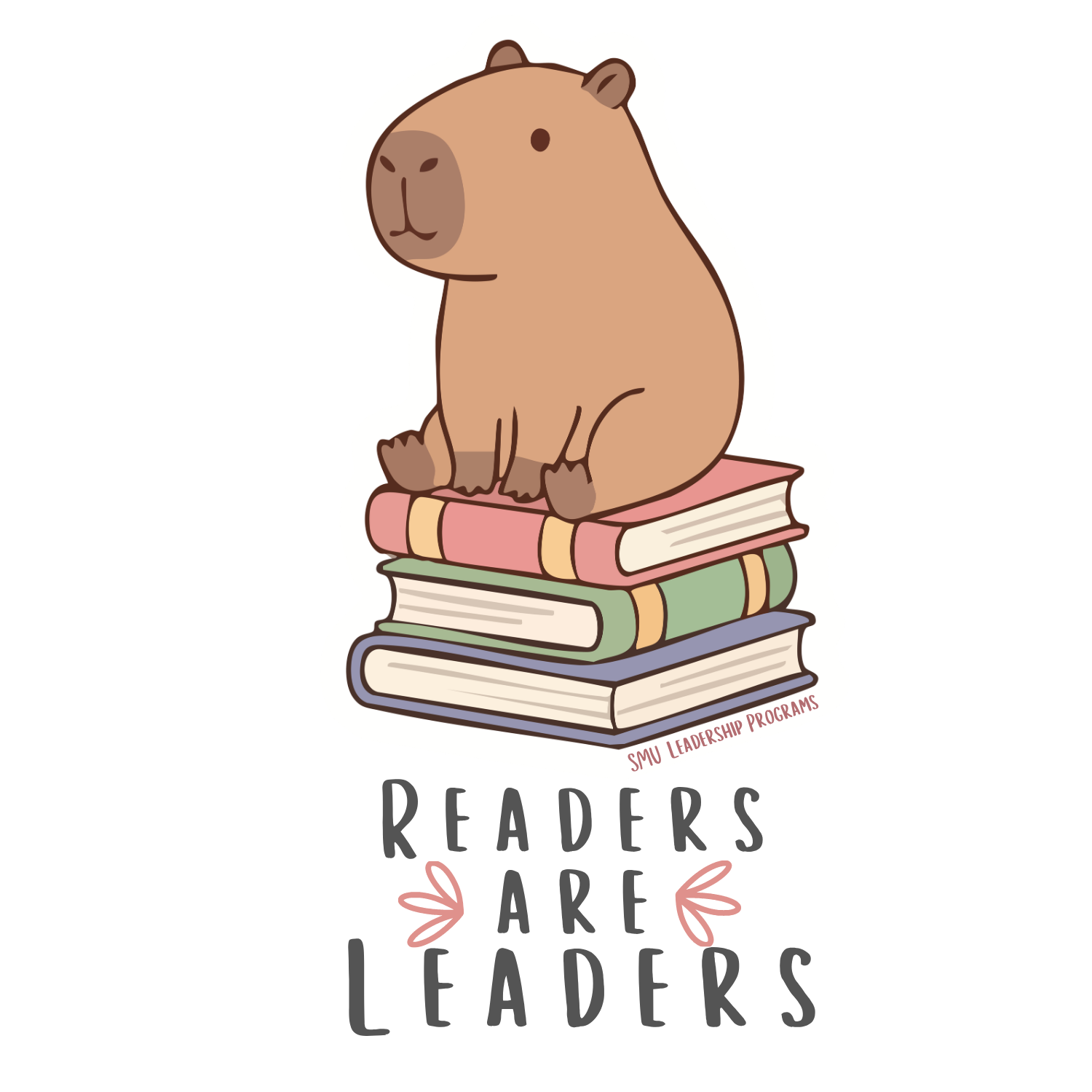 cute cartoon animal sitting on a stack of books above the words readers are leaders