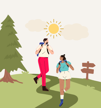 graphic of two people walking outside on path carrying backpacks with grass, trees, sky, sun in backgroud