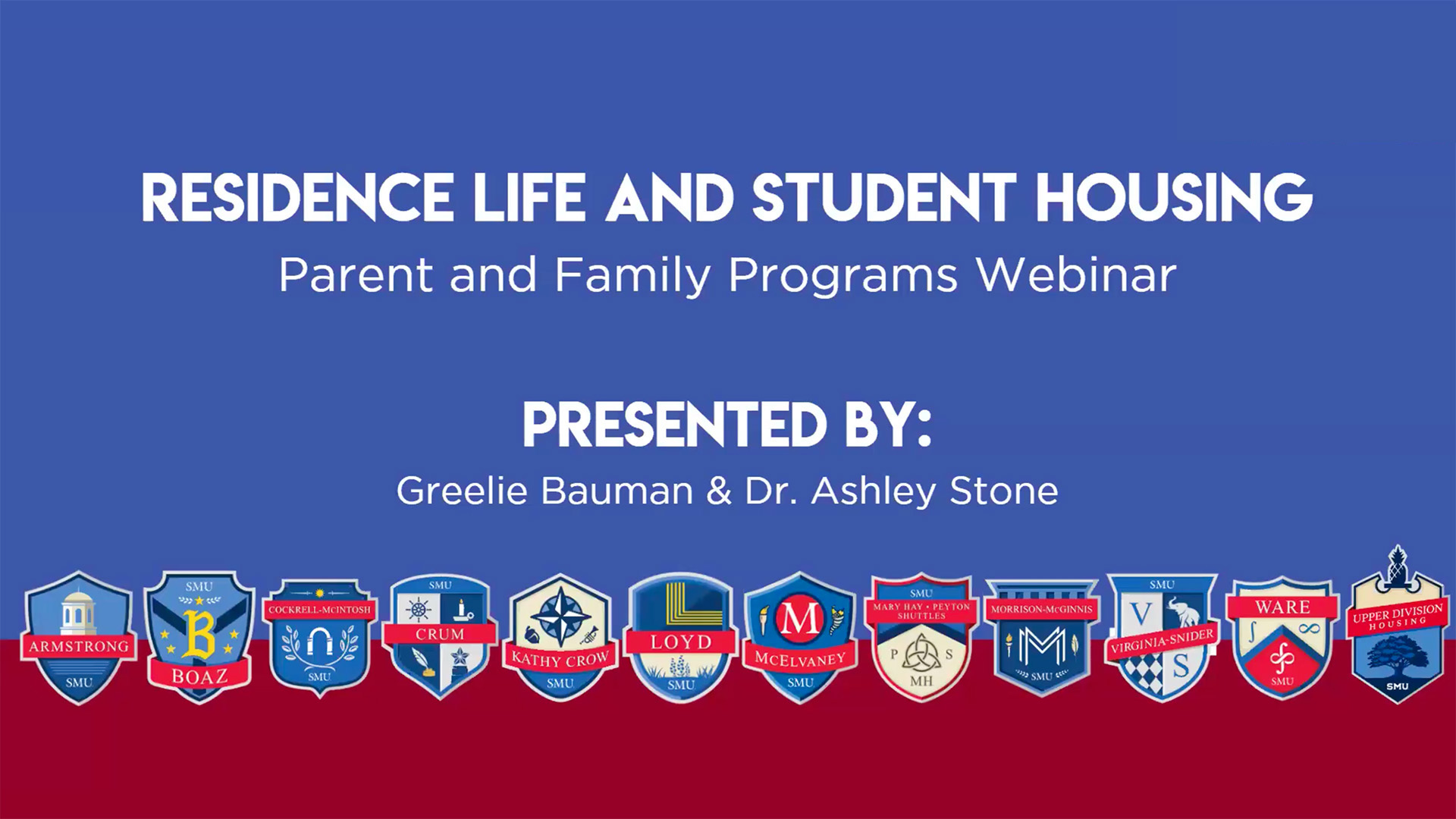 blue and red background with housing crests lined across the page, residence life and student housing text in white