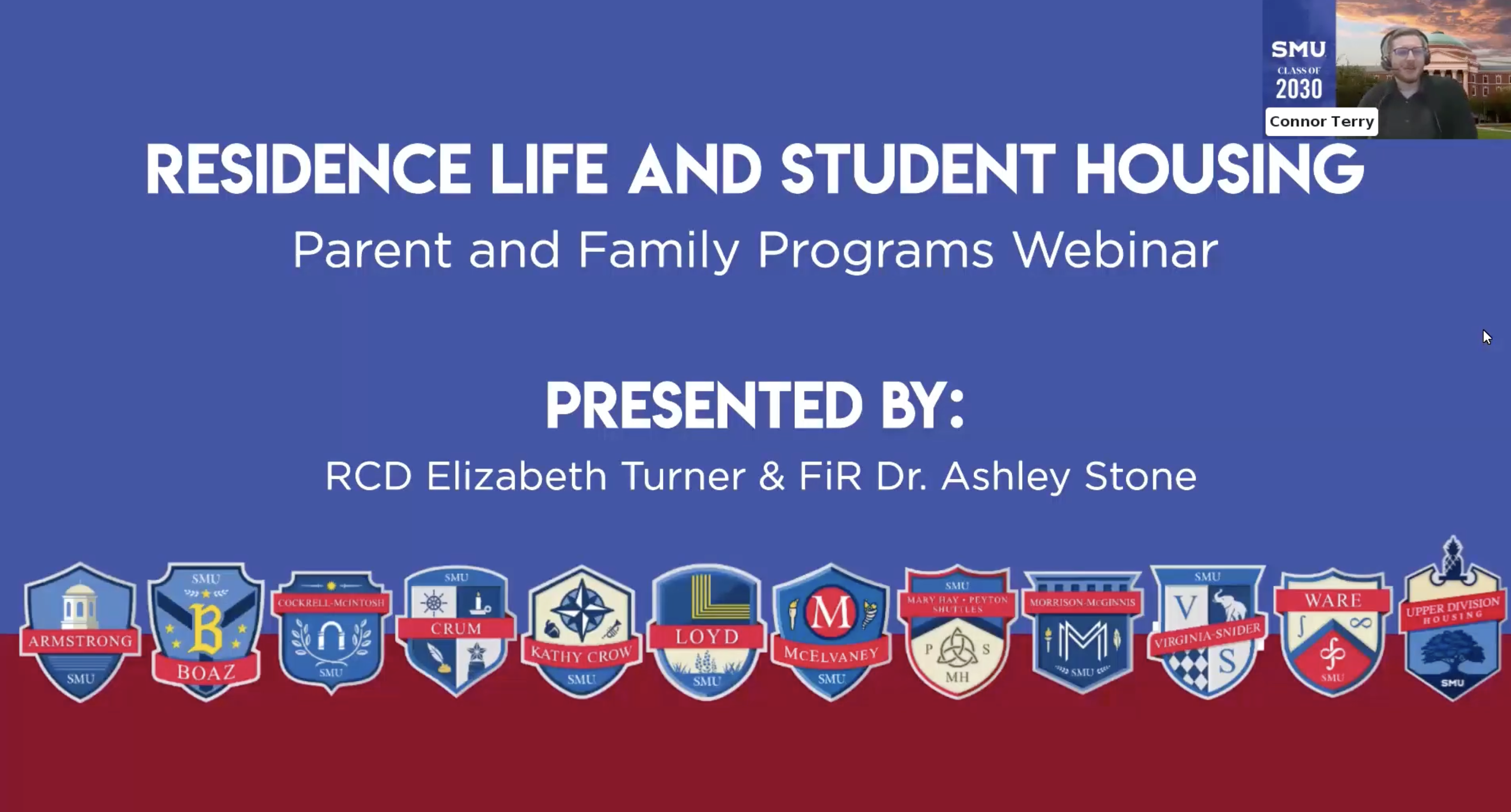blue and red background with housing crests lined across the page, residence life and student housing text in white