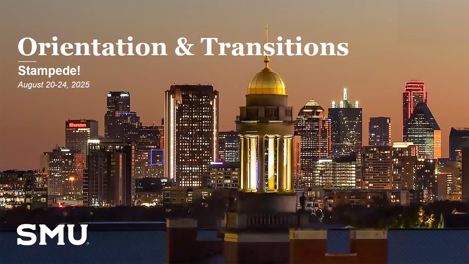 SMU gold bell tower with the Dallas skyline in the background at sunset