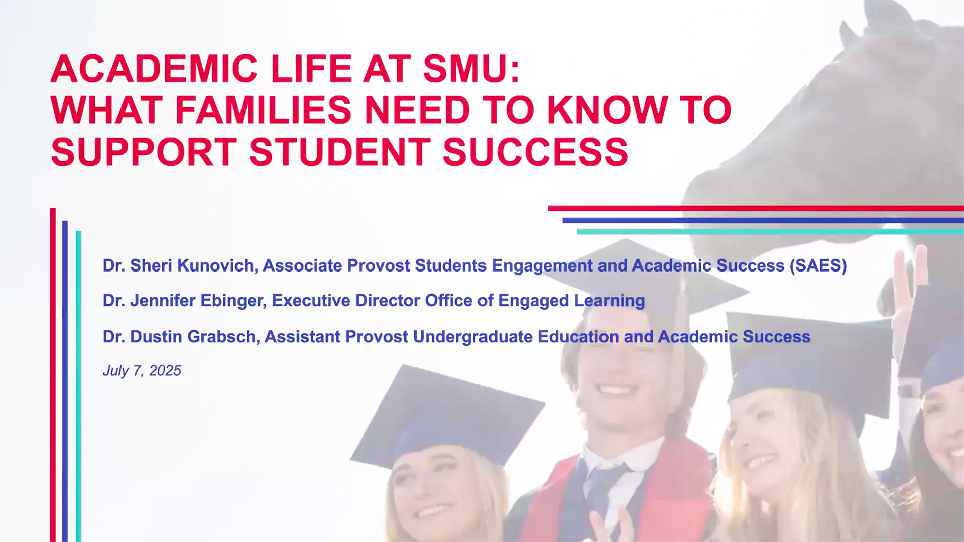 graduates standing outside in front of mustang statue in cap and gown