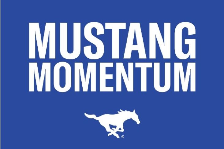 blue background with white letters spelling mustang momentum and a white mustang logo