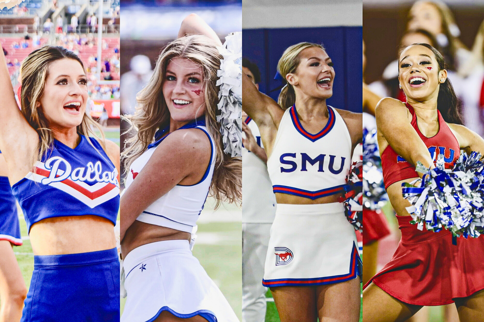four cheer and pom leaders in uniforms cheering at games