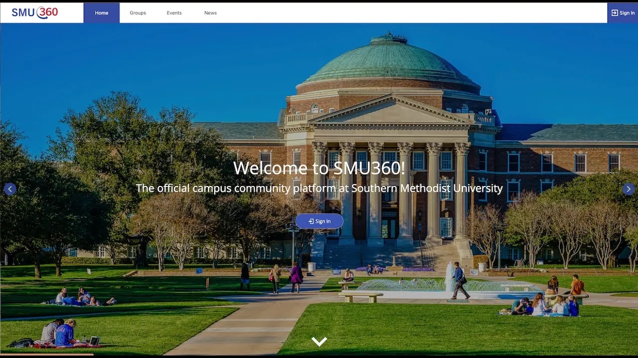 screenshot of SMU360 home page with image of Dallas Hall and people sitting and walking outside