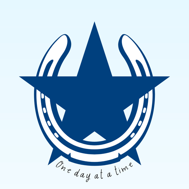 light blue background with dark blue star in the middle inside of a white and dark blue horseshoe and black words under star