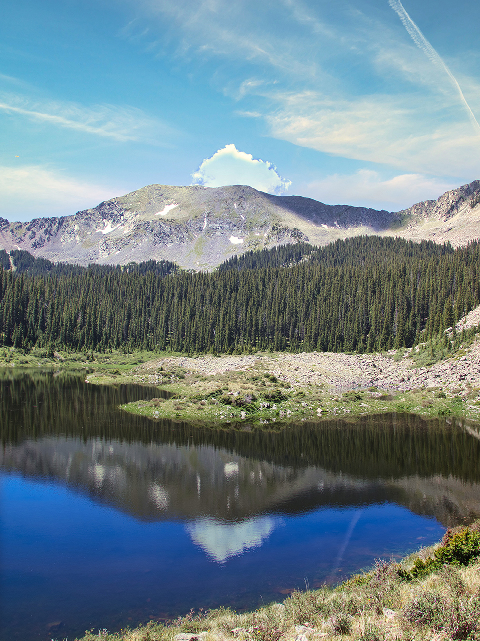 A mountain lake with a stand of trees and a mountain in the background.