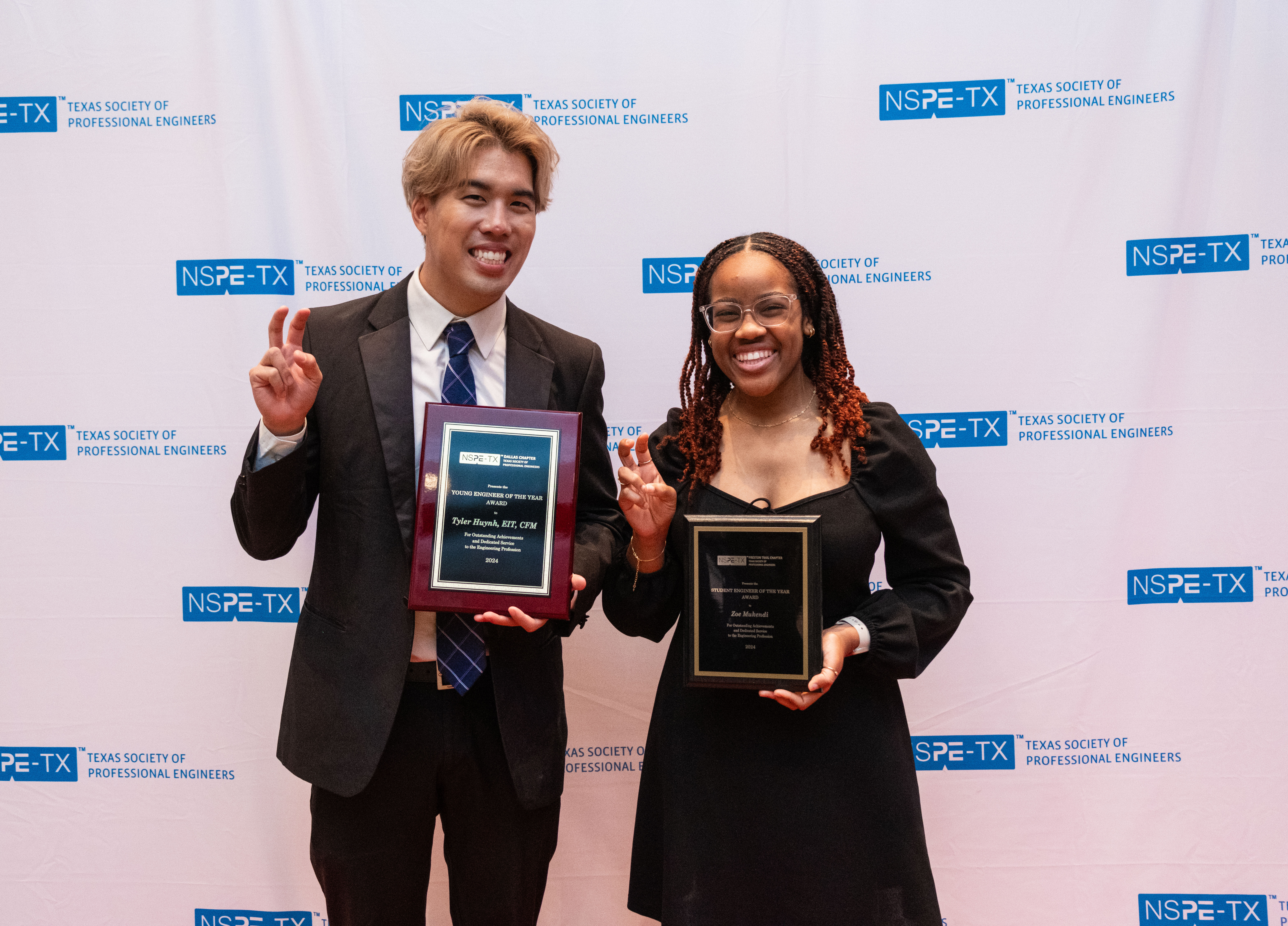 SMU Lyle Alum Tyler Huynh Young Engineer of the Year, and Zoe Mukendi Student Engineer of the Year  at the TSPE Awards Luncheon February 21, 2024