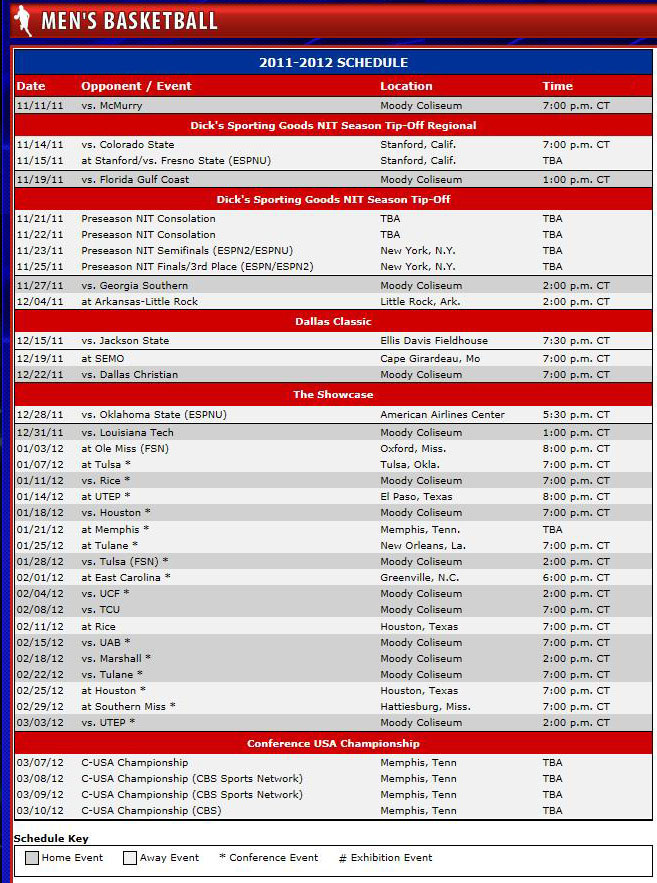 SMU Men's 2011 Basketball Schedule